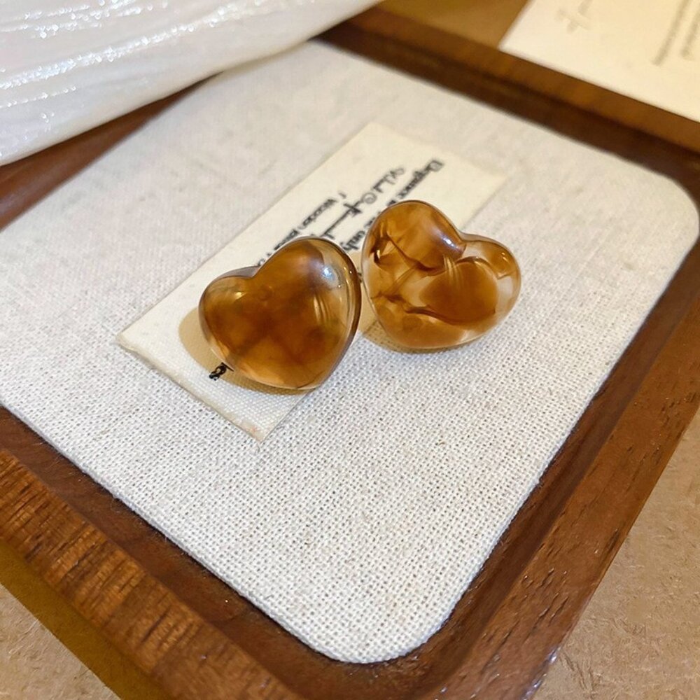 3/$40 Brown Cute Resin Heart Stud Earrings 925 Sterling Silver Needle Y2K Coquet